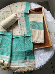 Loomed Luxury Turquoise Jamdani Muga Cotton Unstitched Suit Set